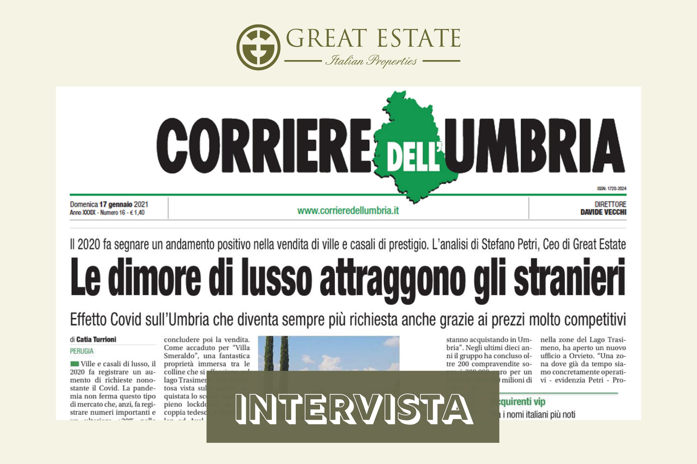 Продажи элитной недвижимости 2020: Corriere Dell’Umbria публикует интервью CEO компании Great Estate